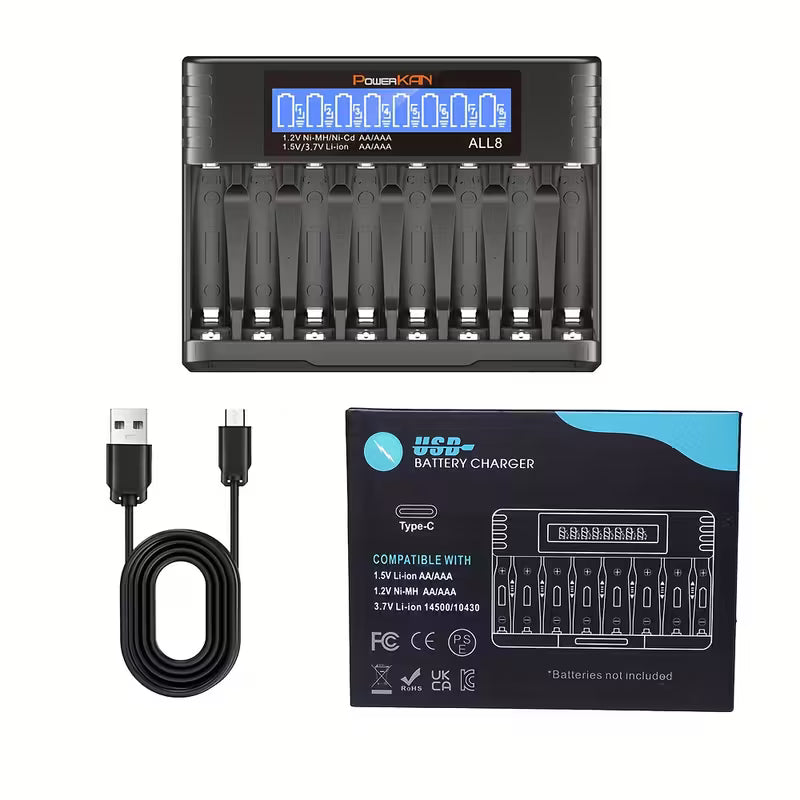 8-Slot Smart Battery Charger with LCD Display & USB-C Cable