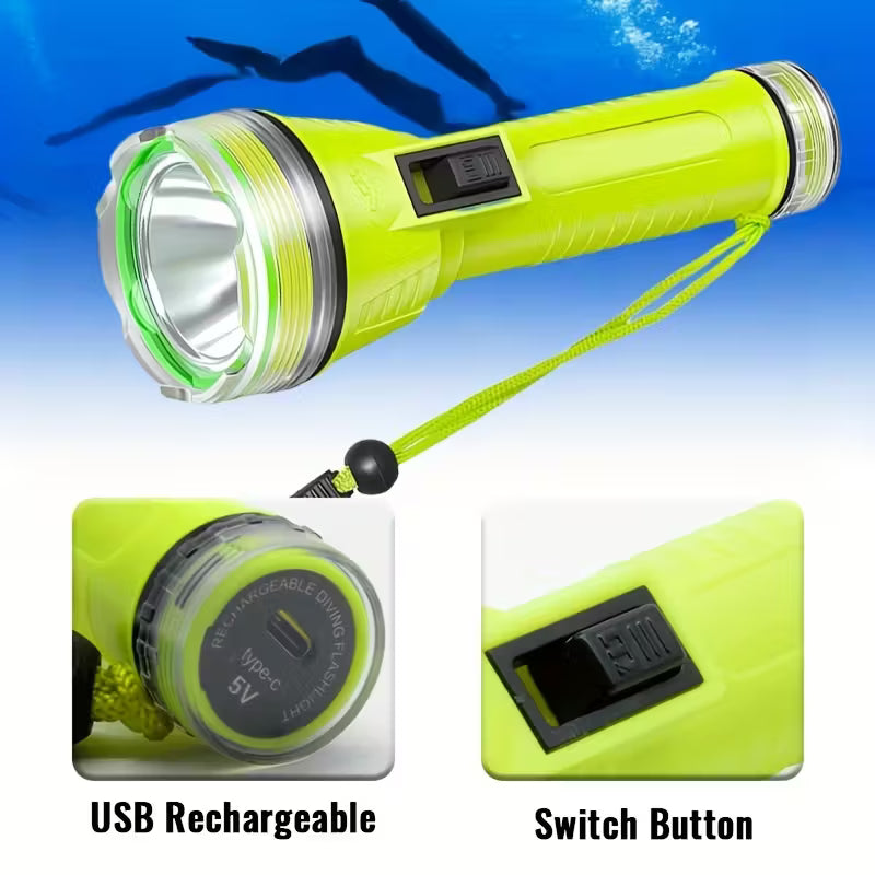 LED Diving Flashlight, Portable IPX8 Waterproof USB Rechargeable
