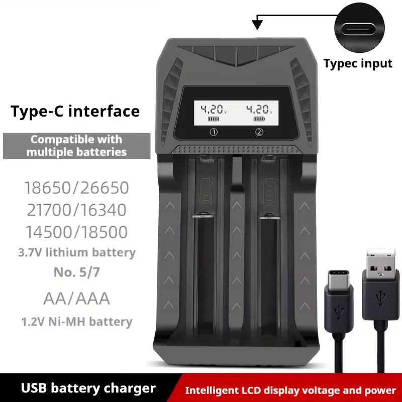 Lithium battery charger with LCD Screen Display Capacity, universal battery charger Dual Slots
